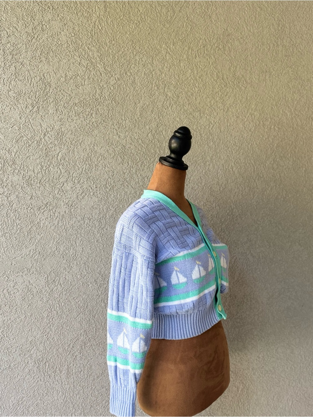Beach Vintage Youth Size 7 Coastal Sailboat Pastel Cardigan Sweater 100% Cotton